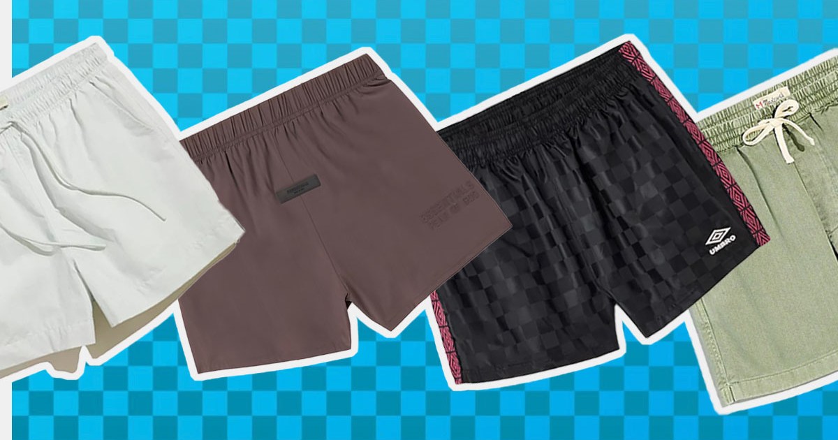a collage of 5" shorts on a checked blue background