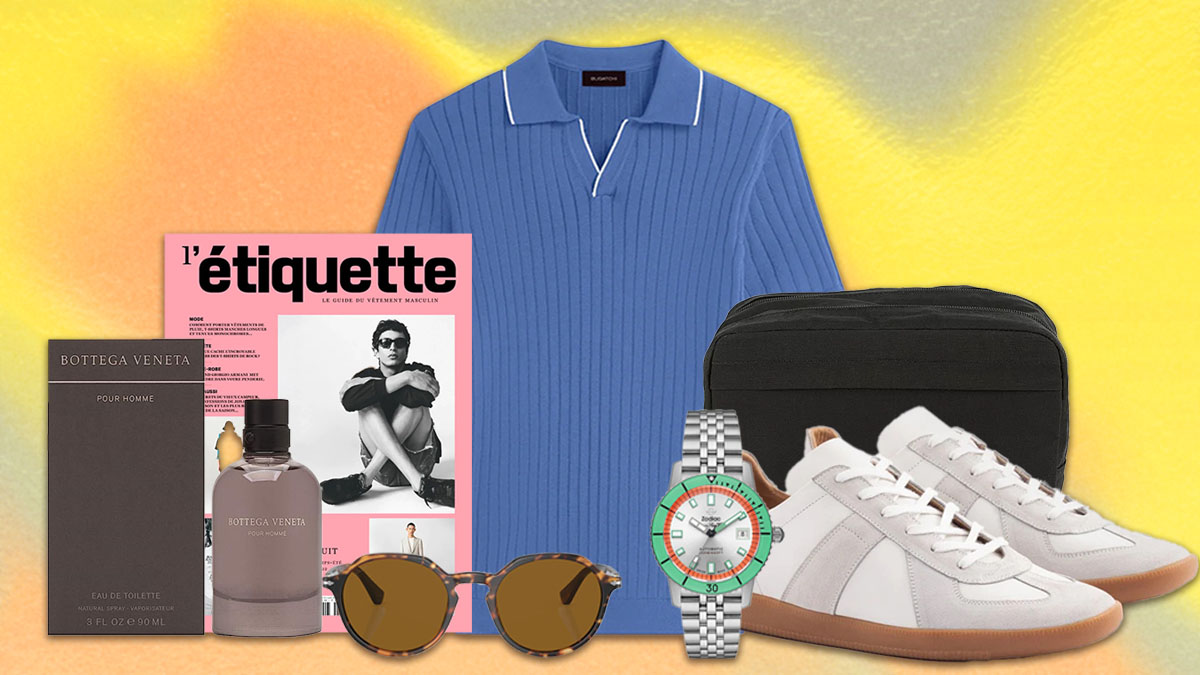 a collage of items from the stylish father's day gift guide on a orange background