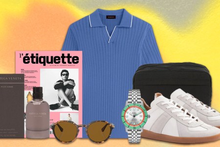 a collage of items from the stylish father's day gift guide on a orange background