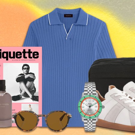 a collage of items from the stylish father's day gift guide on a orange background