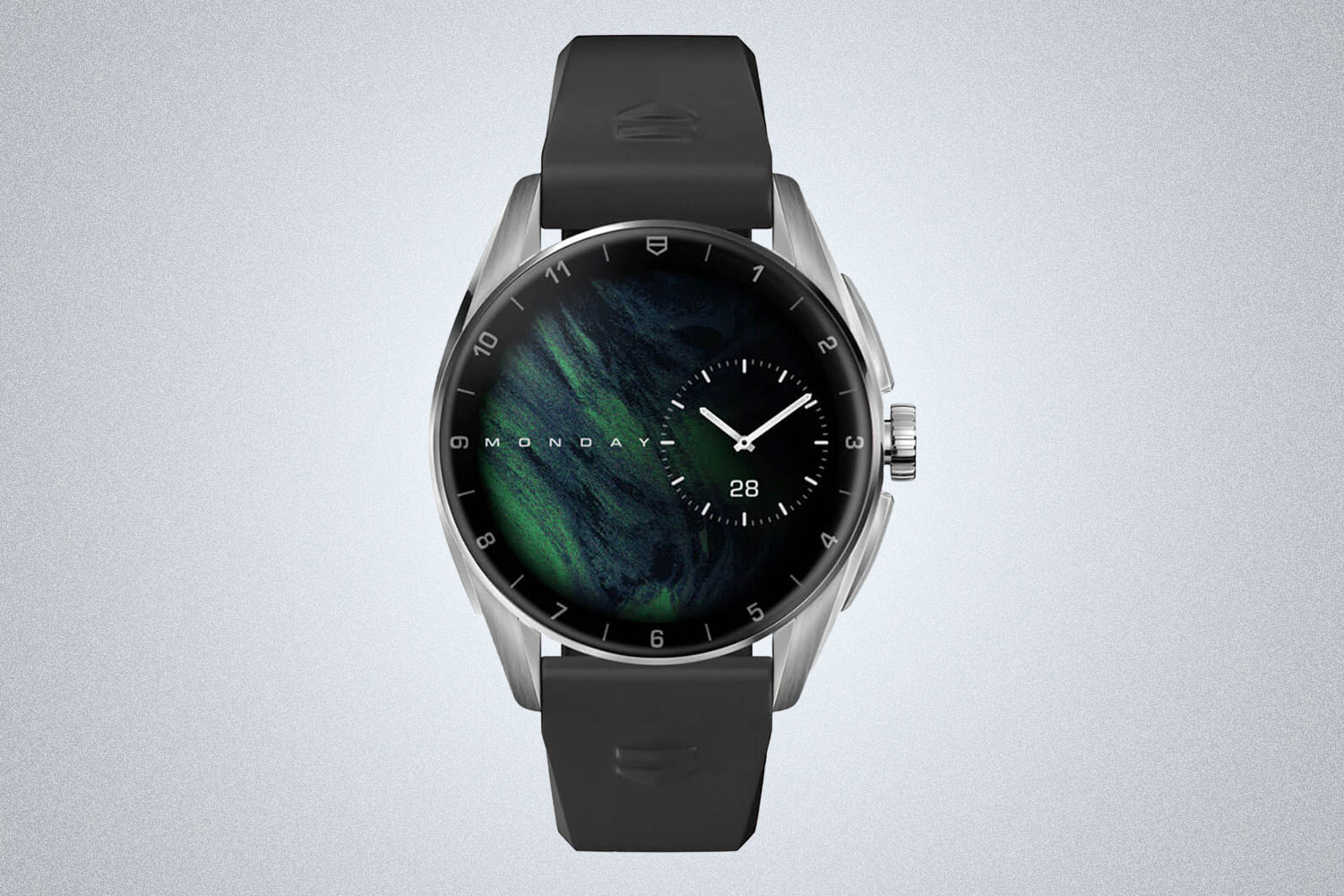 a black TAG Heuer Calibre E4 smartwatch on a grey background