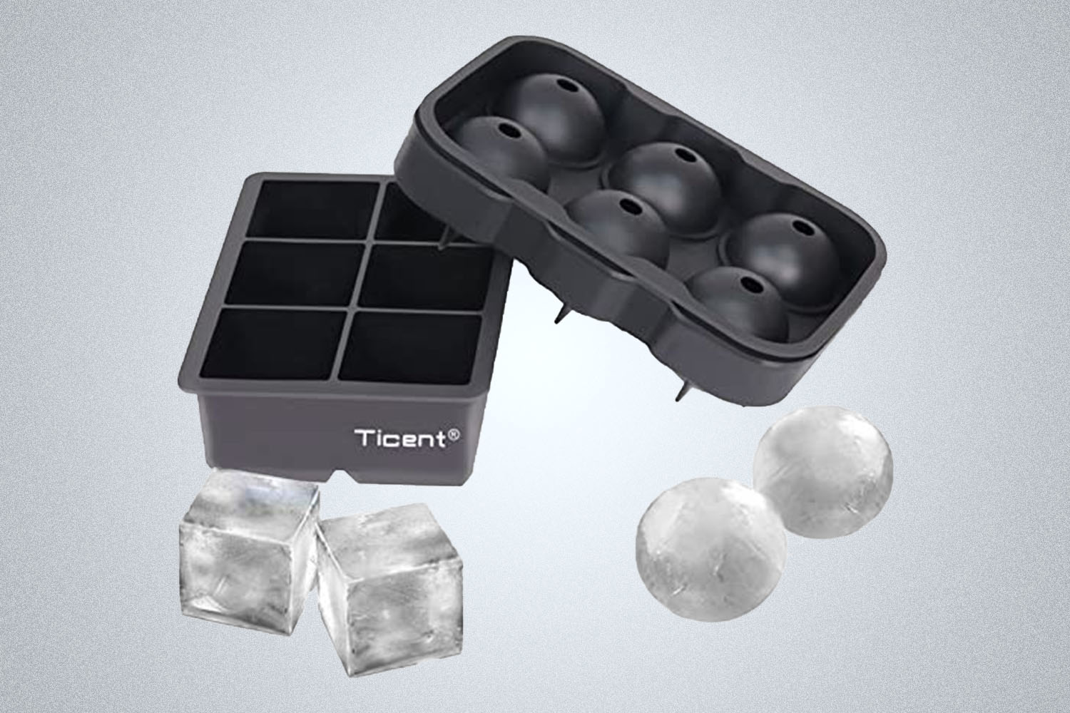 two Ticent ice cube trays and matching ice cubes on a grey background