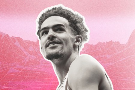 Trae Young in front of a pink digital landscape.