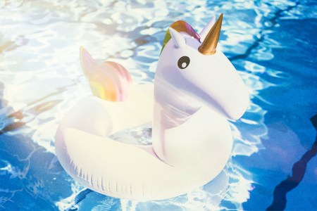A unicorn pool float in a pool