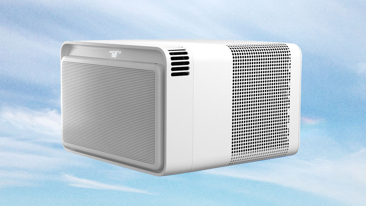 The Windmill AC unit, a sleek, modern window air conditioner, on a background of clouds