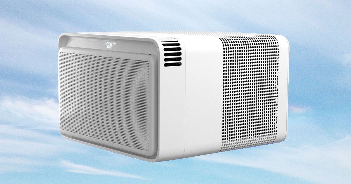 The Windmill AC unit, a sleek, modern window air conditioner, on a background of clouds