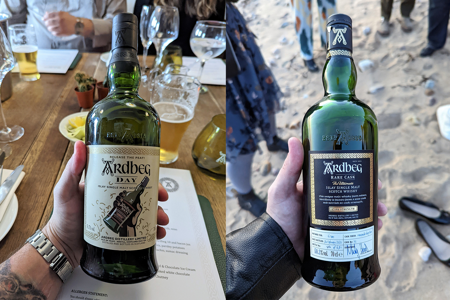 Two bottles of Ardbeg Scotch whisky held in the hand of writer Jake Emen who visited Islay, Scotland during Ardbeg Day 2022