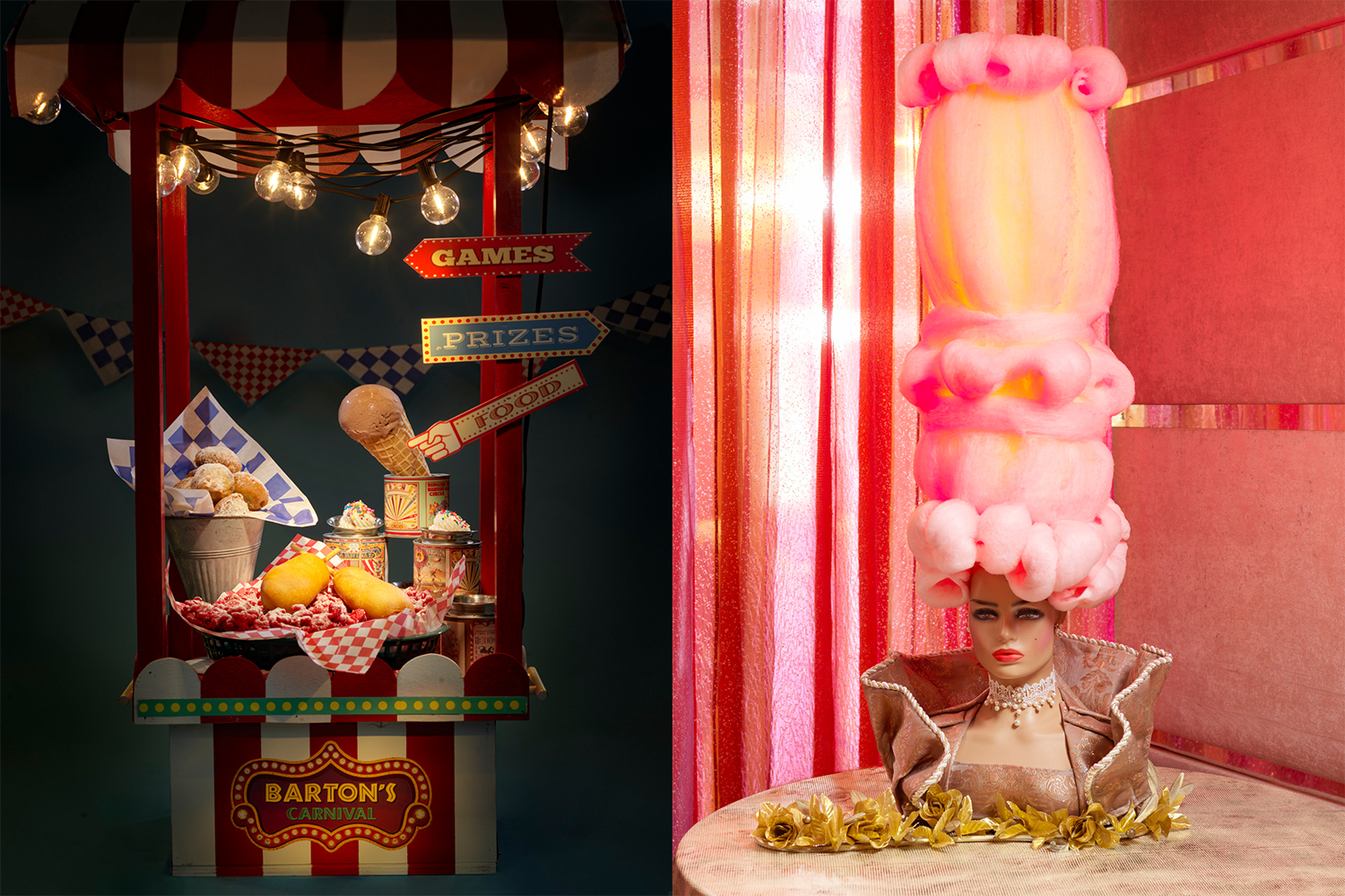 Barton's Vintage Carnival (left) and Marie Antoinette, the two desserts at Barton G. Yes, that's cotton candy.