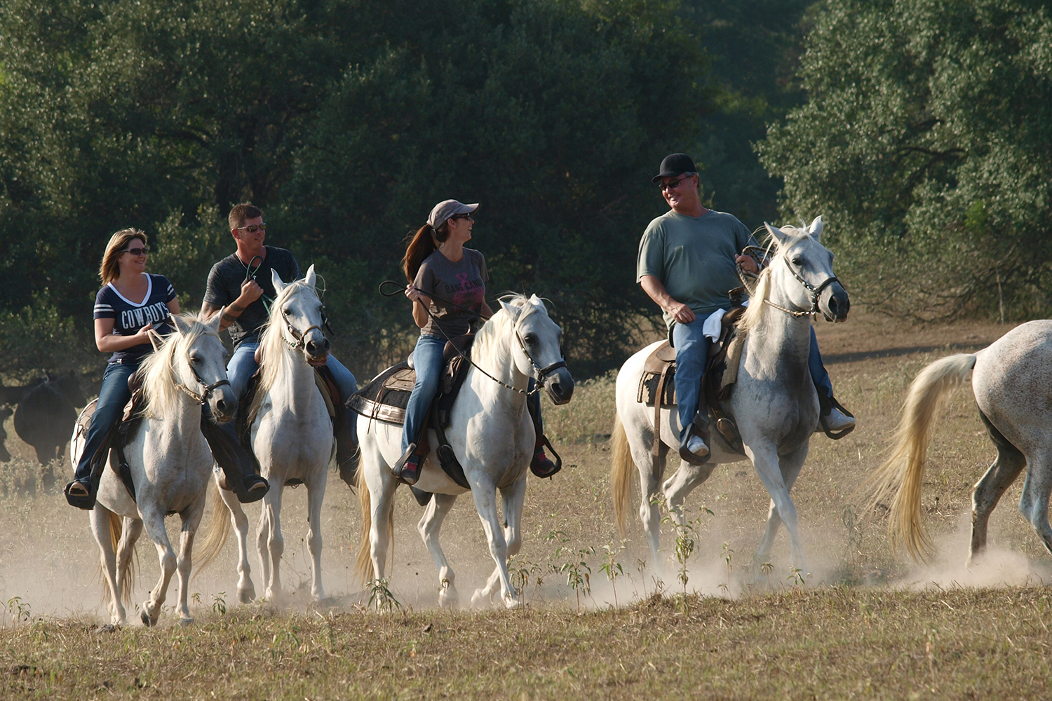 Four people riding horses at BlissWood Bed and Breakfast Ranch