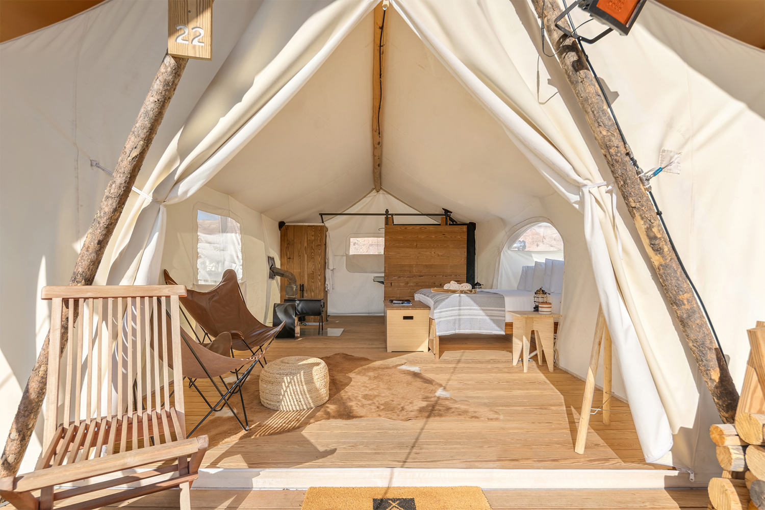 A looking inside a glamping tent in the new Under Canvas location in Bryce Canyon, Utah