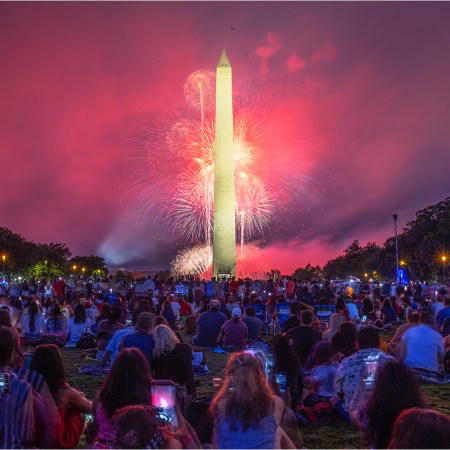 WASHINGTON, DC - JULY 04: Revelers watch the fireworks display on the National Mall in Washington, DC, on Independence Day, July 04, 2021.