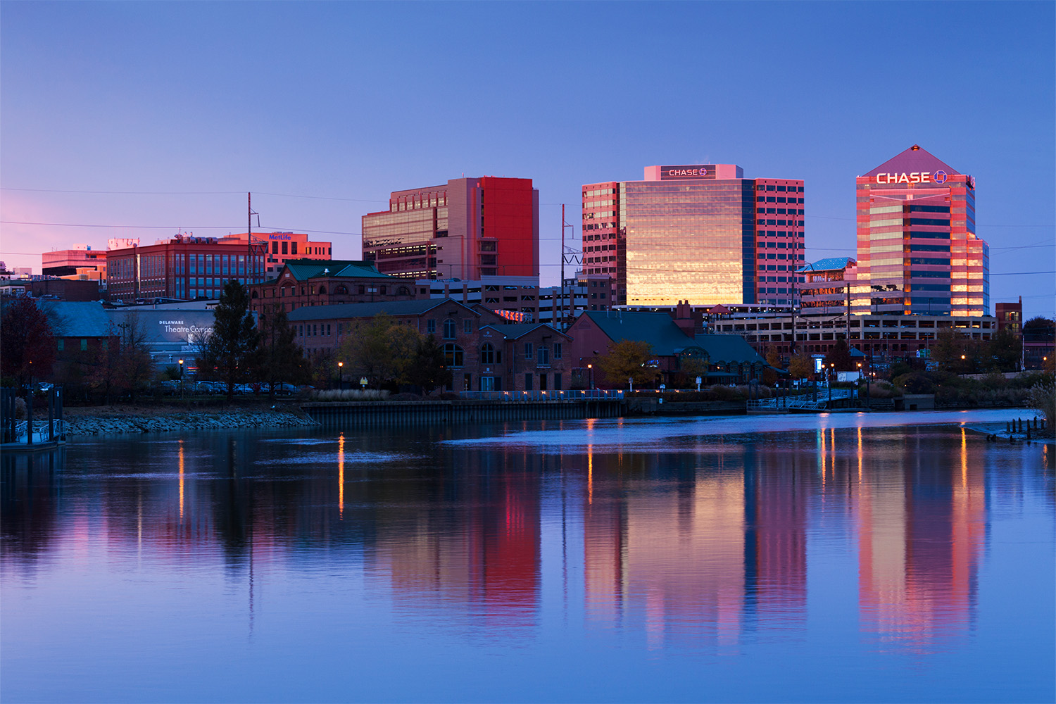 USA, Delaware, Wilmington skyline on the Christina River, dusk.