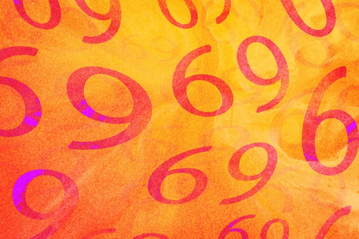Image shows red 69s on an orange background.