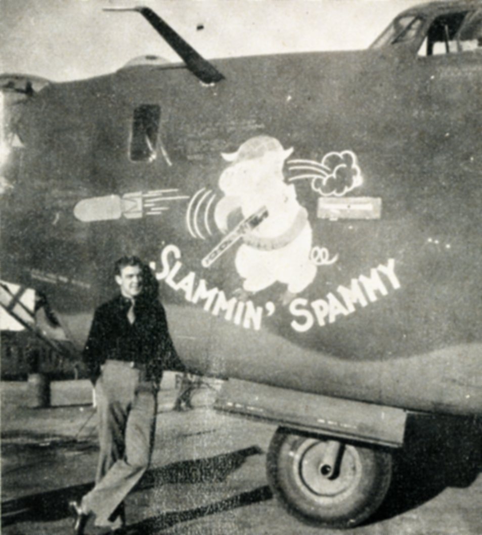 "'Slammin' Spammy' was flown by the Sather crew and is pictured here ready to go into battle with the U.S. 833rd Bomber Squadron, 486th Bomber Group. 'Spammy' was the wartime mascot of the Hormel Foods Corporation and marks the huge contribution of Spam products to the Allied war effort."