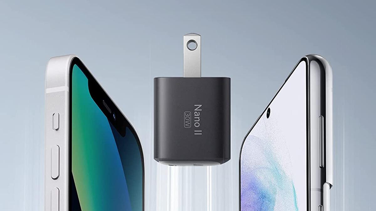 Anker Compact PowerPort III 30W Charger near two phones