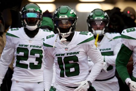 Members of the New York Jets take the field prior to a game against the Buffalo Bills.