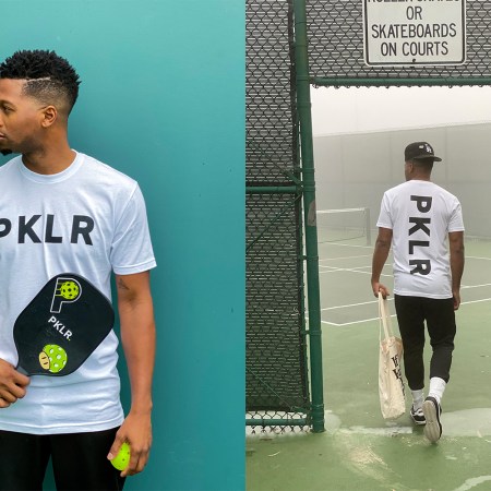 Two models wearing gear from PKLR, a pickleball clothing brand that does athleisure wear