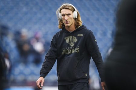 Trevor Lawrence of the Jacksonville Jaguars warms up before a game