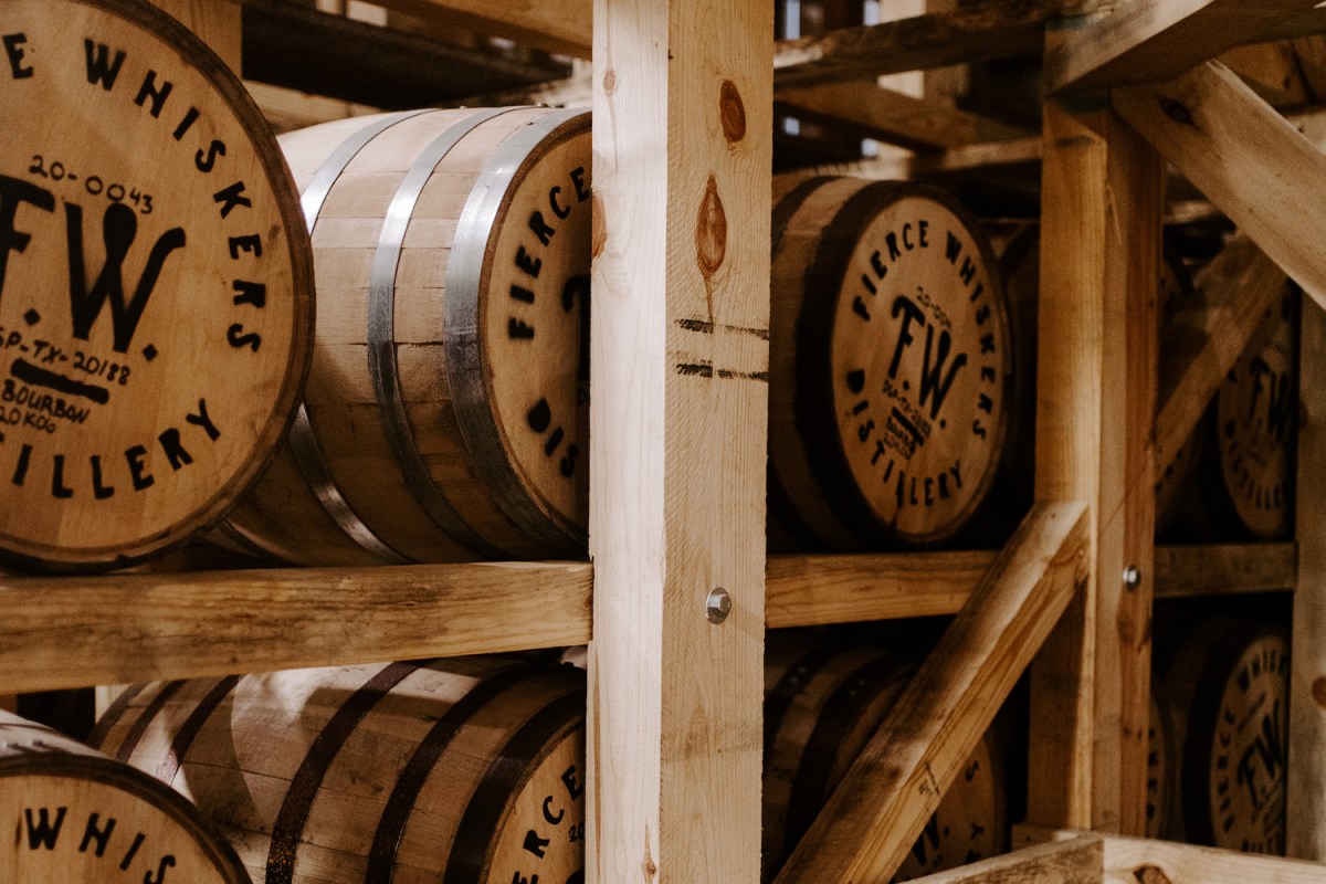 Whiskey barrels at Fierce Whiskers distillery in Austin, Texas