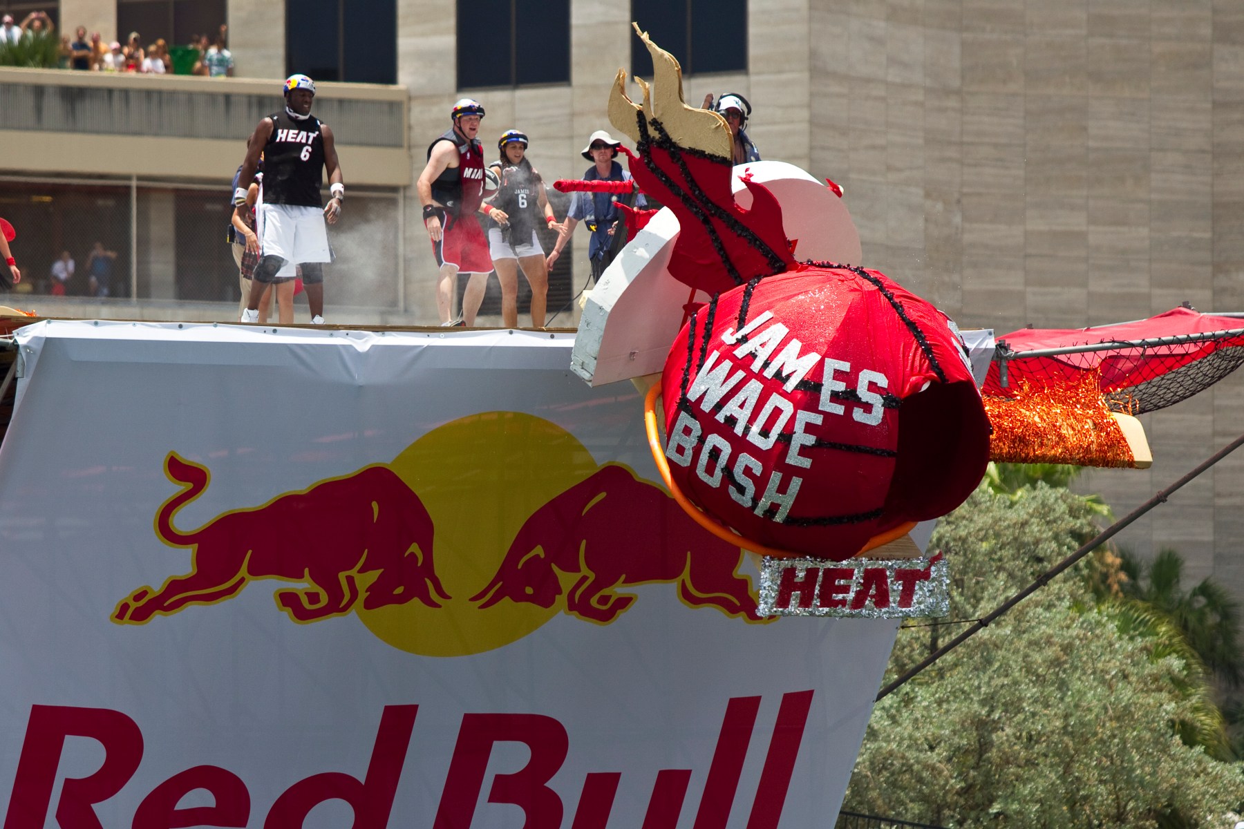 Team Heat paid homage to the 2012-2013 Miami Heat's NBA Championship Team with a LeBron James, Chris Bosh and Dwayne Wade-inspired aircraft at the Miami Flugtag Race in 2012.