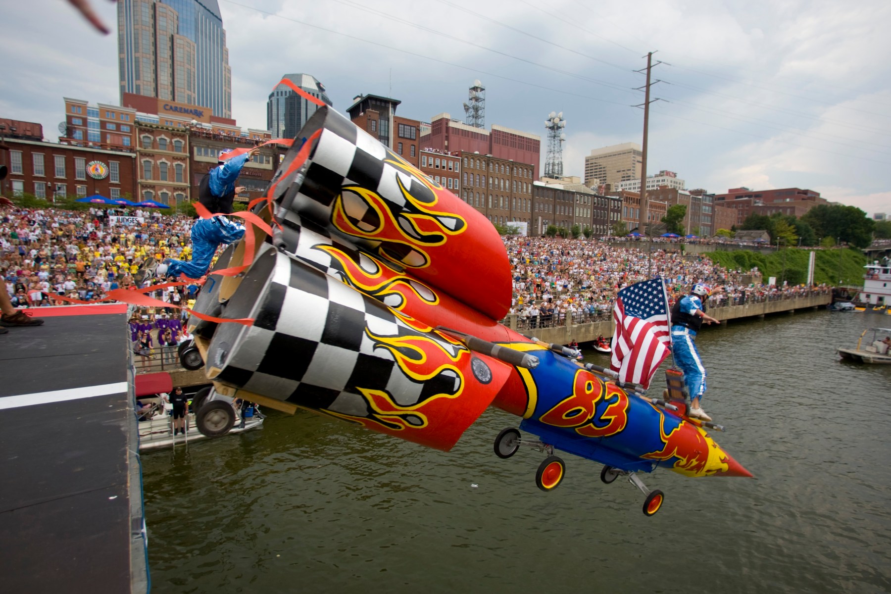 Team NASCAR from Atlanta launched off the platform with thousands of spectators cheering at the 2017 Flugtag Race in Nashville.