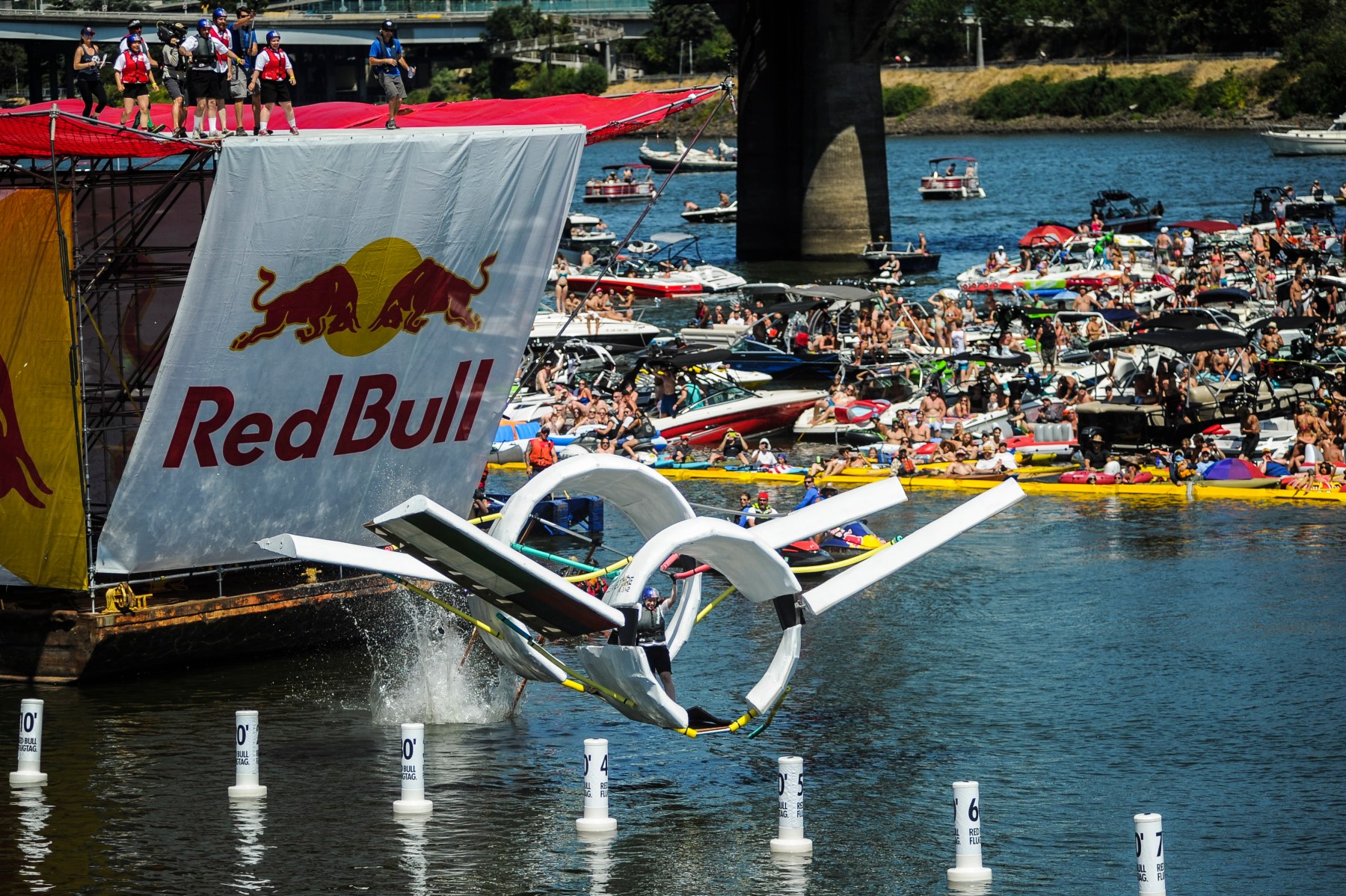 Team Rings of Fire showcased their intricate aircraft as it glided across the Tom McCall Waterfront Park at the 2015 Red Bull Flugtag Race in Portland, Oregon.