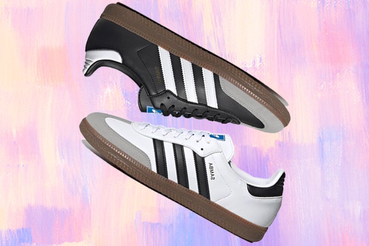 two Adidas Samba sneakers in black and white on a colored pastel background