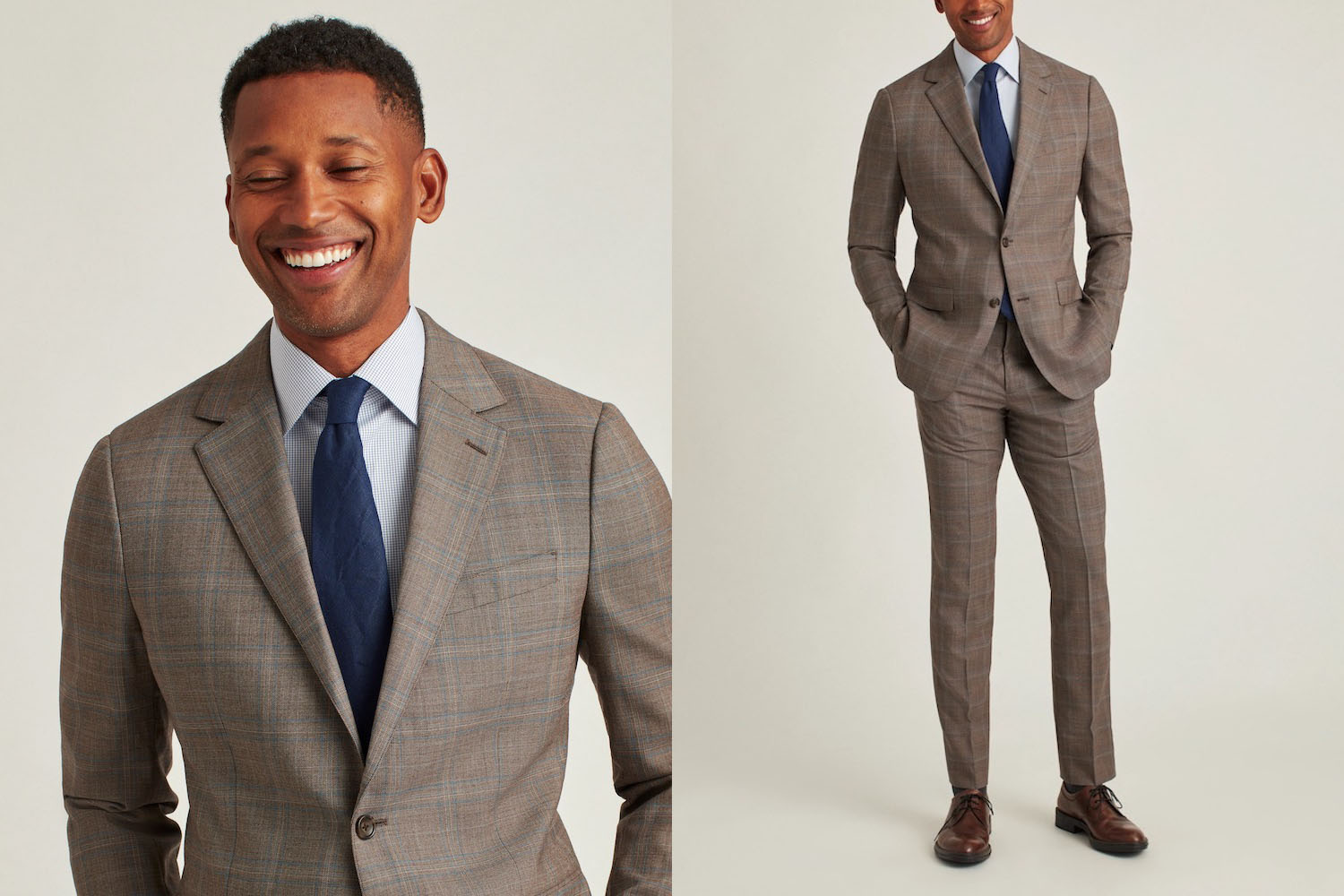 Two side-by-side tan-background model shots from Bonobos featuring a brown checked wool Jetsetter suit