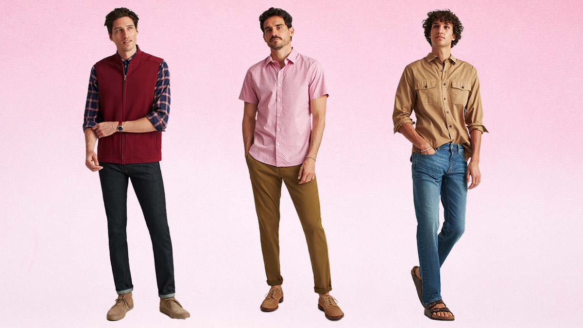 A collage of models wearing outfits from Bonobos on a pink gradient background