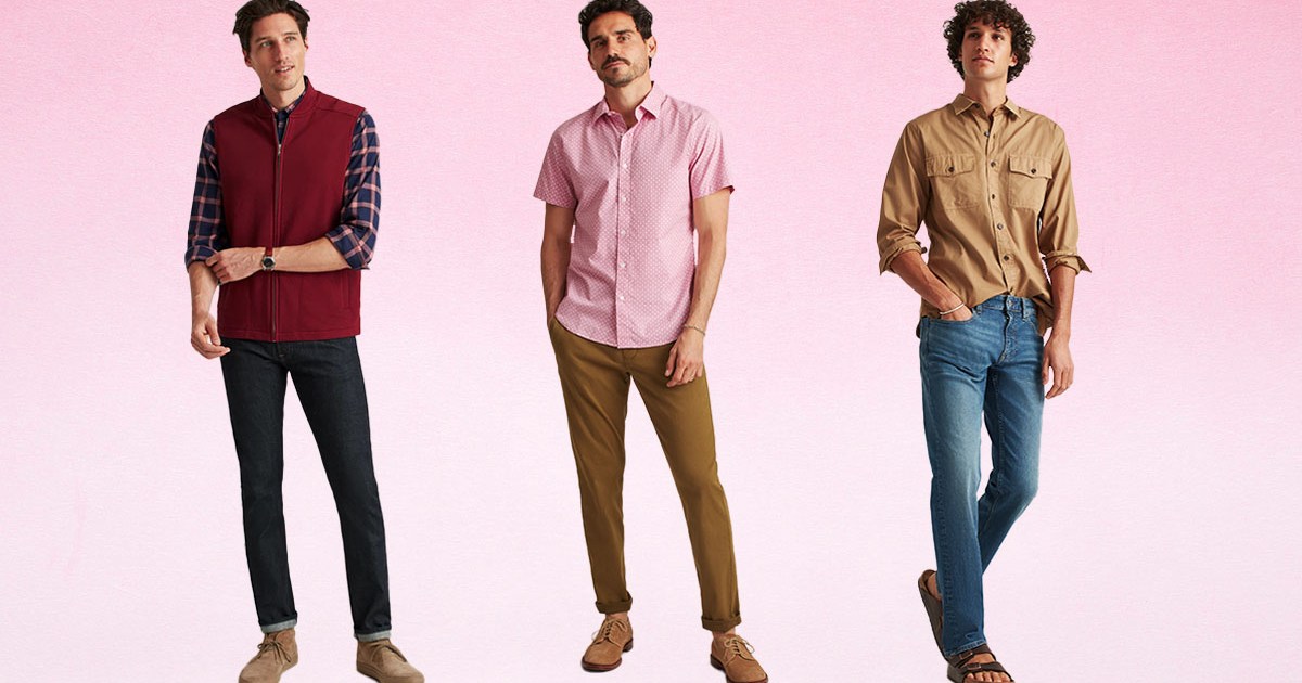 A collage of models wearing outfits from Bonobos on a pink gradient background