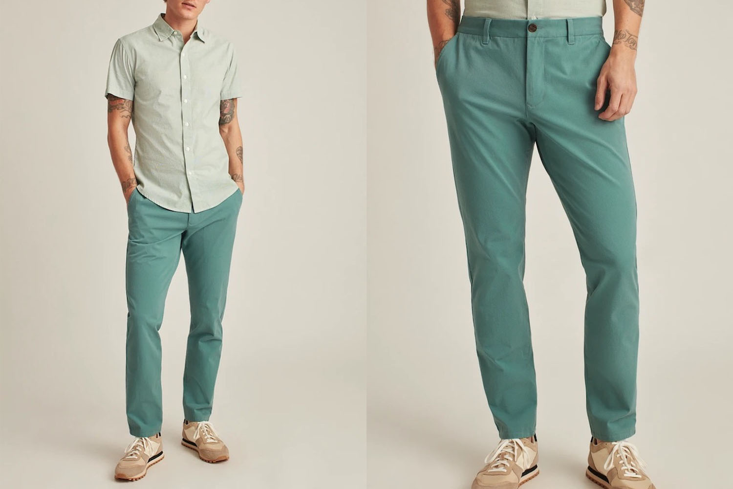 Two side-by-side tan-background model shots from Bonobos featuring a moss green pair of stretch chinos