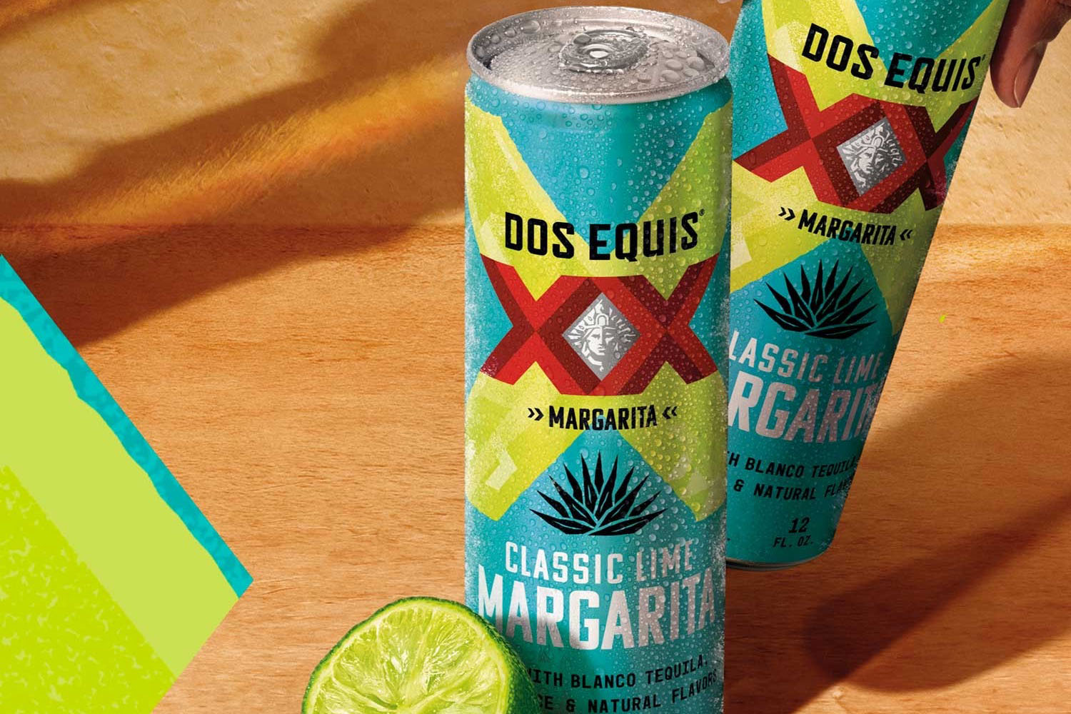 a model shot of the Dos Equis Margarita Cans