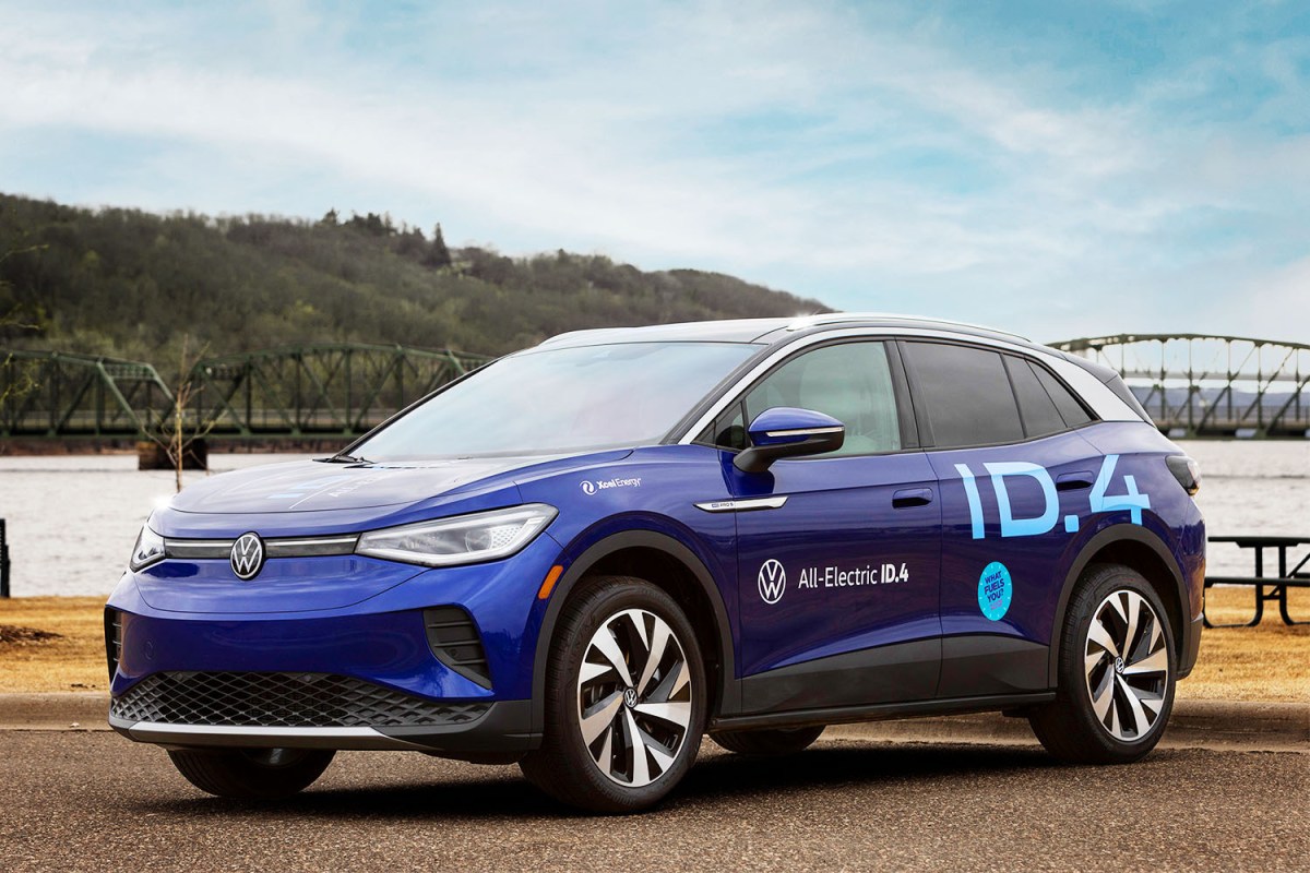 A blue Volkswagen ID.4 SUV, the electric vehicle Erika Gilsdorf took on her "What Fuels You" road trip