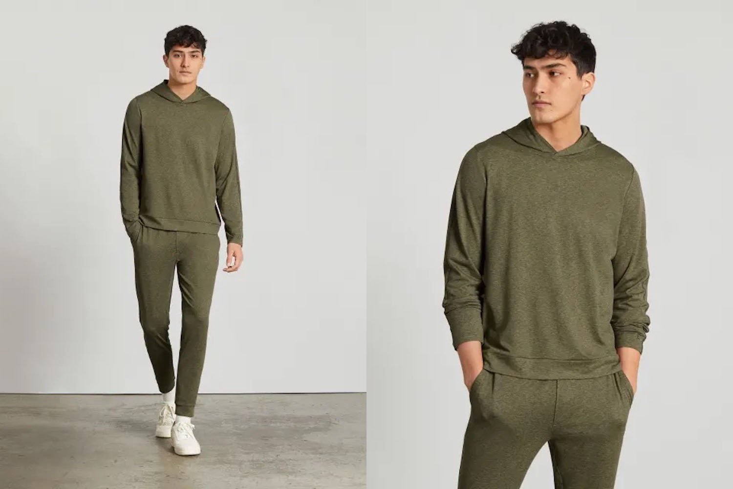 two model shots of the everyone ReNew Air Hoodie in green