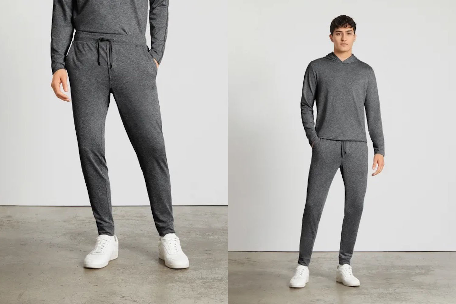 two model shots of the everyone ReNew Air Pant In grey