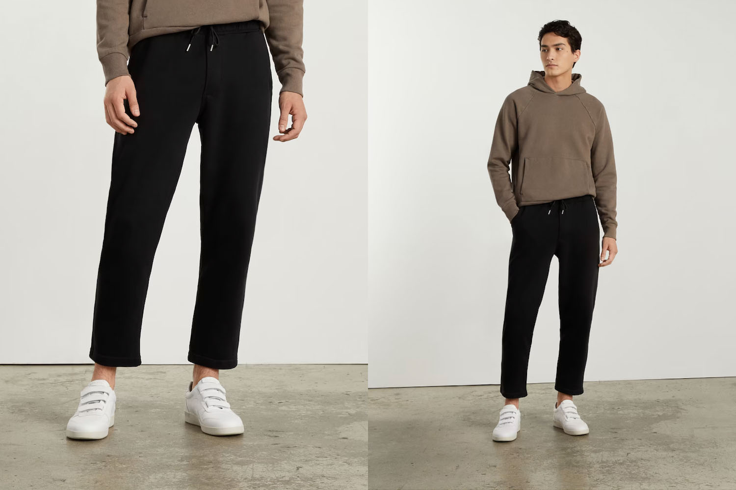 two model shots of the Everlane French Terry Sweatpants on a white background