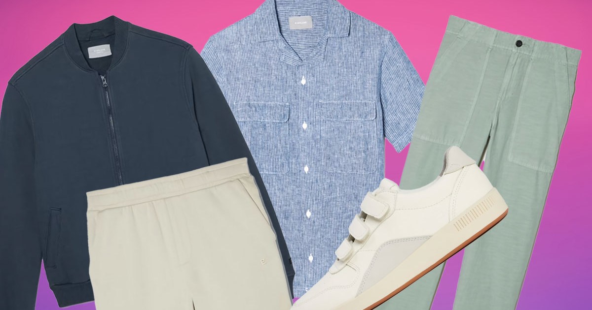 a collage of apparel from the Everlane Long Weekend Sale on a pink background
