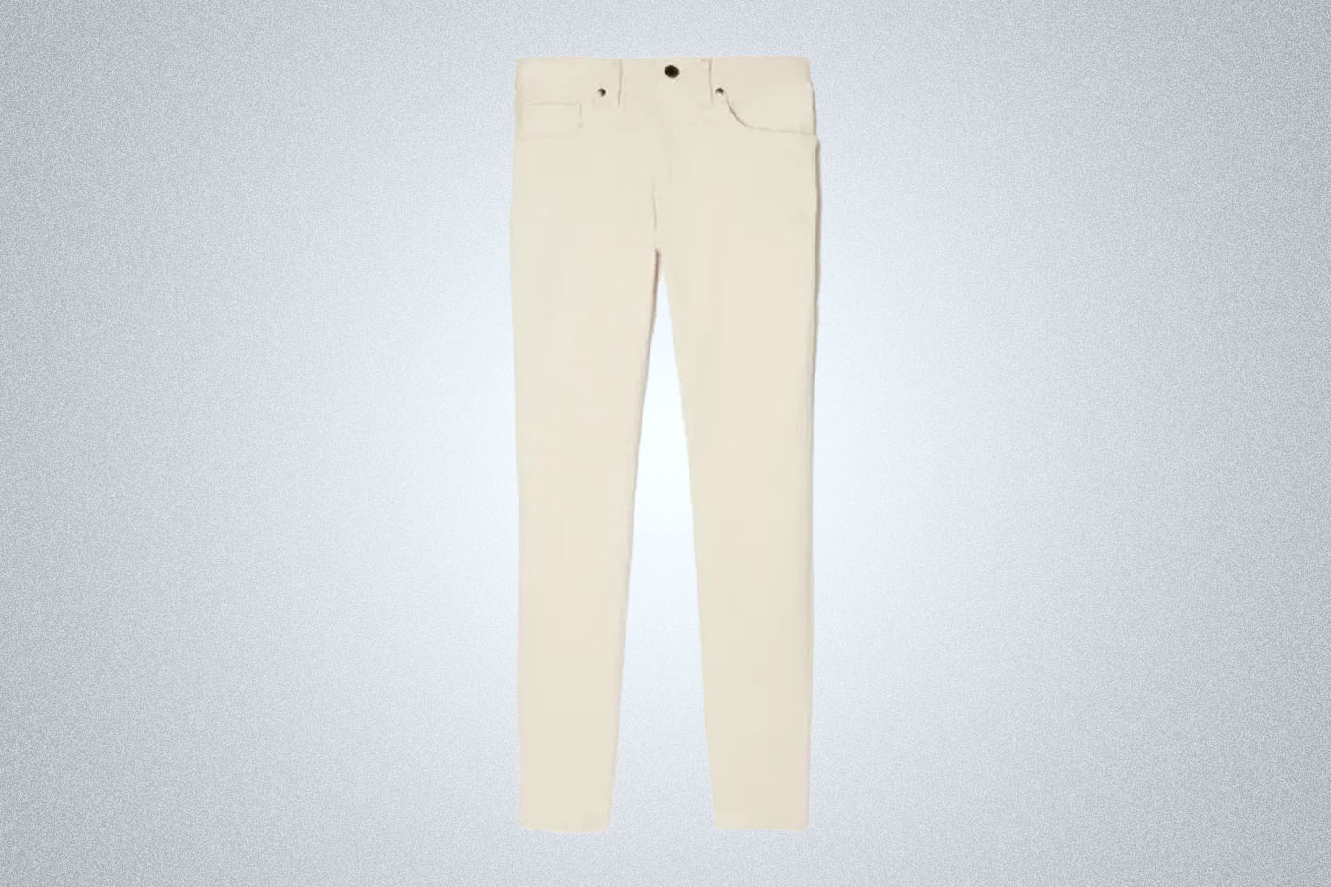 a pair of white slim-cut denim from Everlane on a grey background