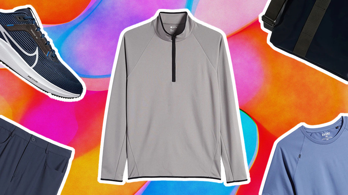 a collage of activewear deals from the Nordstrom Anniversary Sale on a multi-colored background