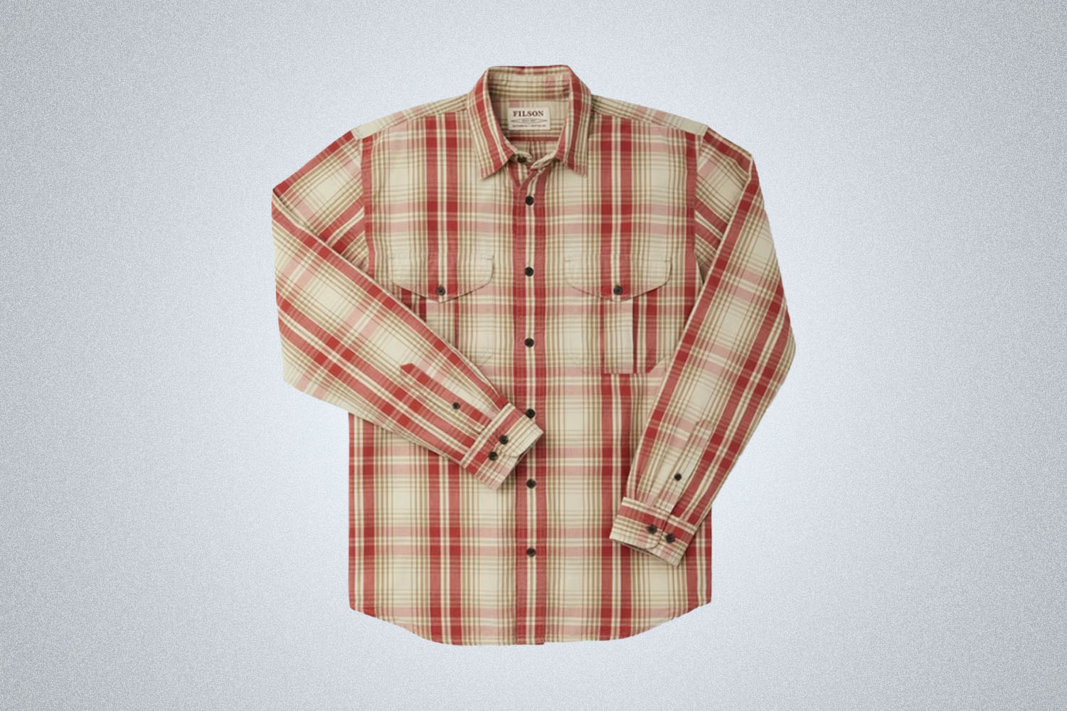 a checked red and white button down from Filson on a grey background