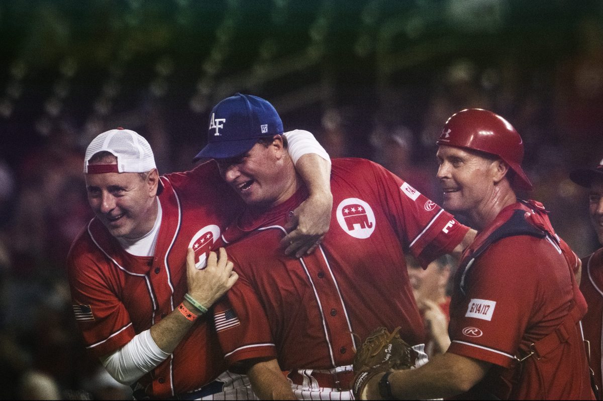 Republicans celebrate their win in the Congressional Baseball Game at Nationals Park.