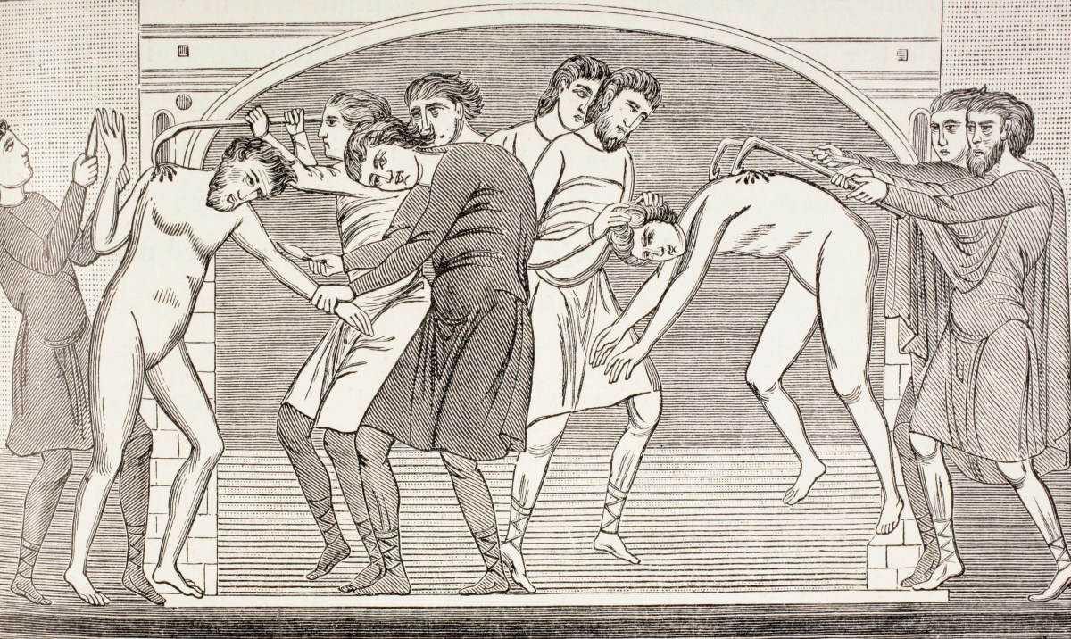 A Medieval sketch showing men being tortured.