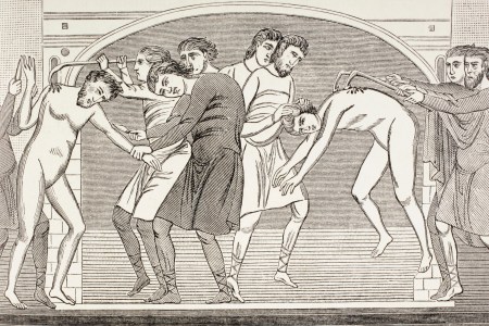 A Medieval sketch showing men being tortured.