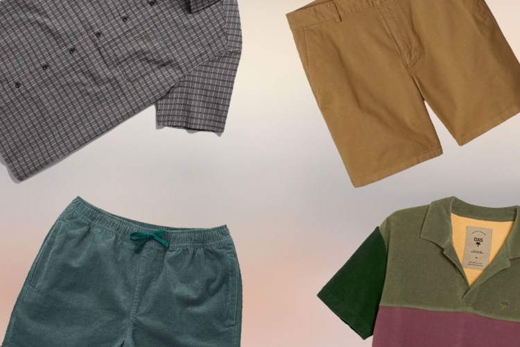 a collage of summery clothing from Huckberry on a tan/brown/yellow background