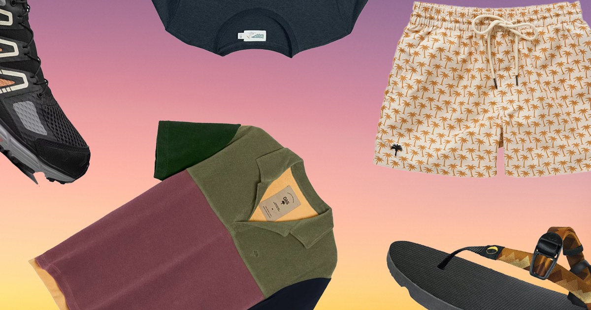 a collage of Huckberry items on a sunset colored background