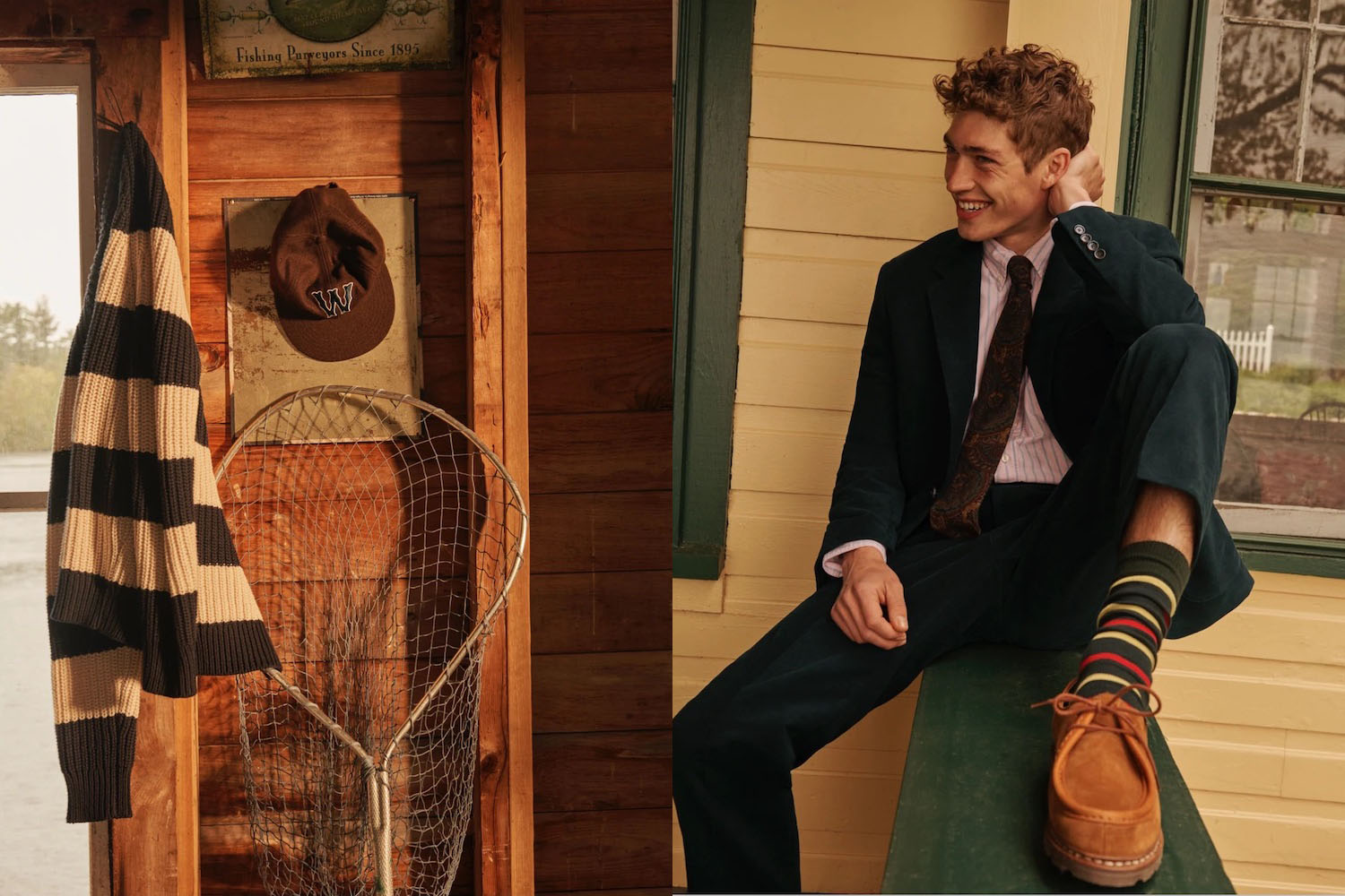 two model shoots from the J.Crew Fall/Winter 2022 lookbook featuring a scenic house set up and a model in a black suit