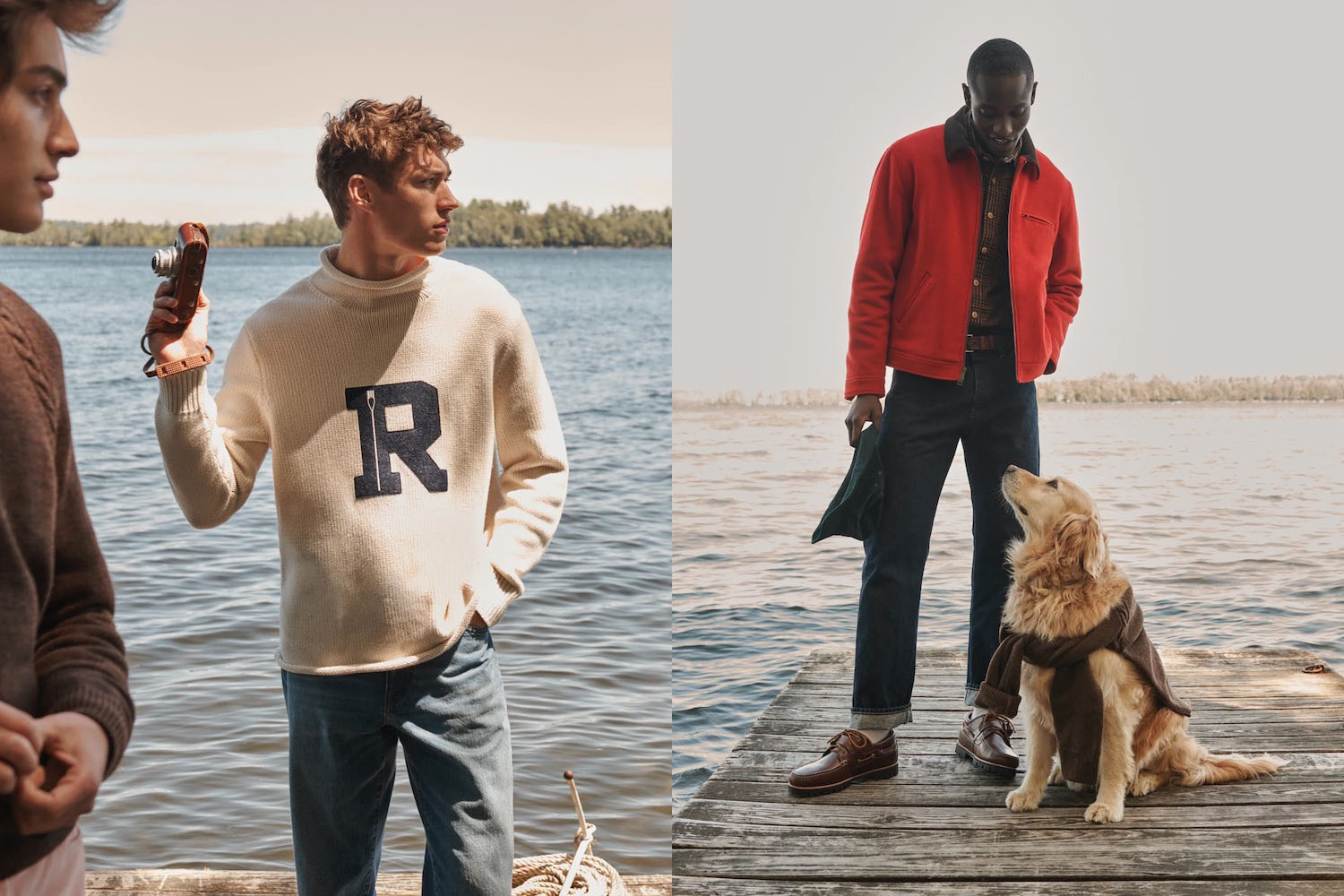 two model shoots from the J.Crew Fall/Winter 2022 lookbook featuring a model in a white graphic turtleneck and a model on a dock in a red jacket with a golden retriever 