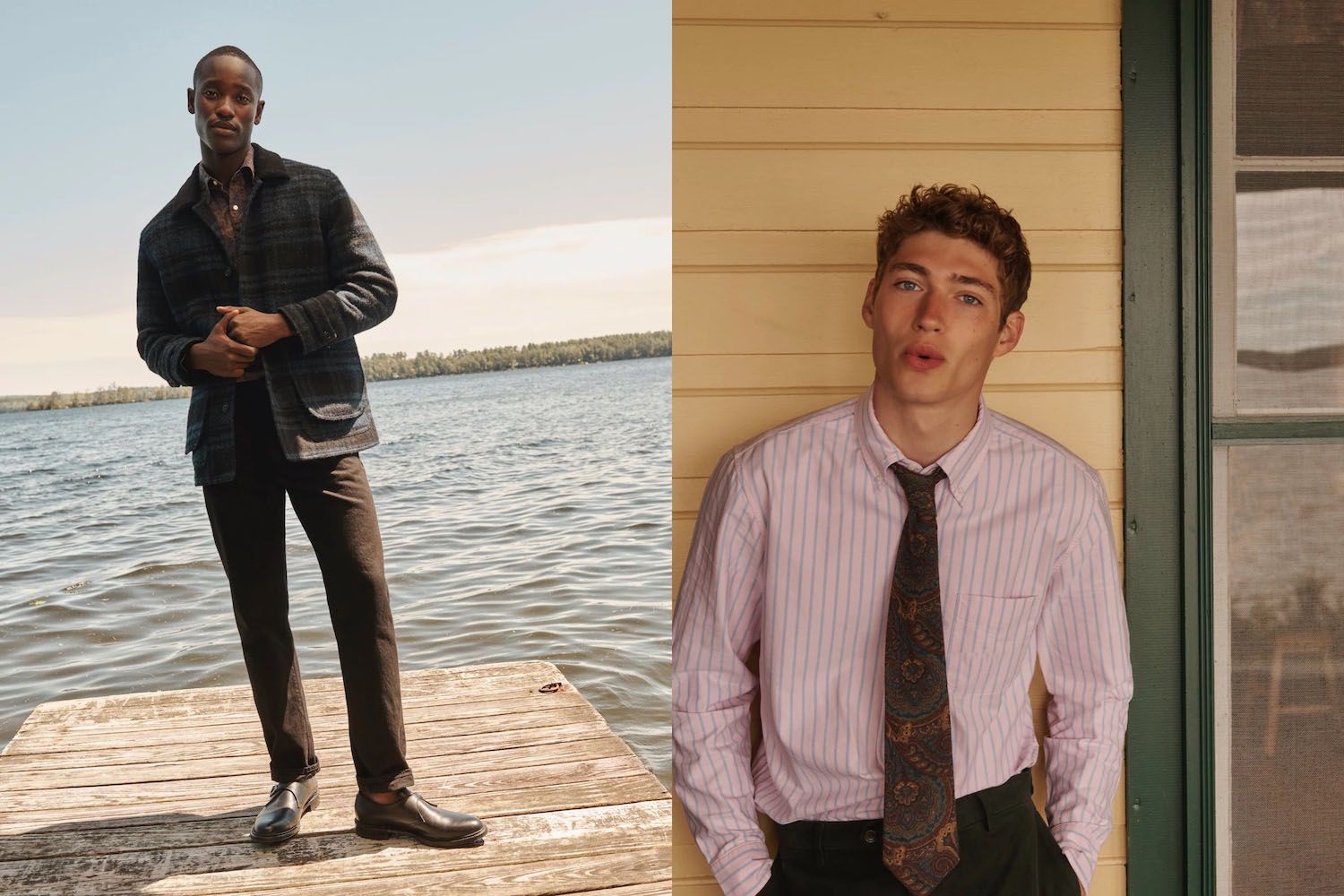 two model shoots from the J.Crew Fall/Winter 2022 lookbook featuring a model in a blazer on a dock and a model in a pink dress shirt and tie