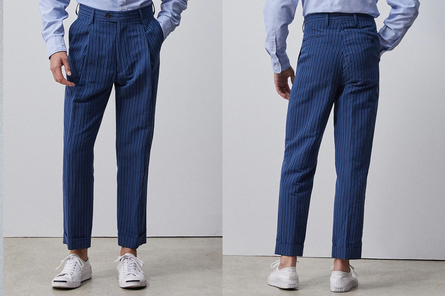 two model shots of the Todd Snyder Maddison Linen Suit Pants