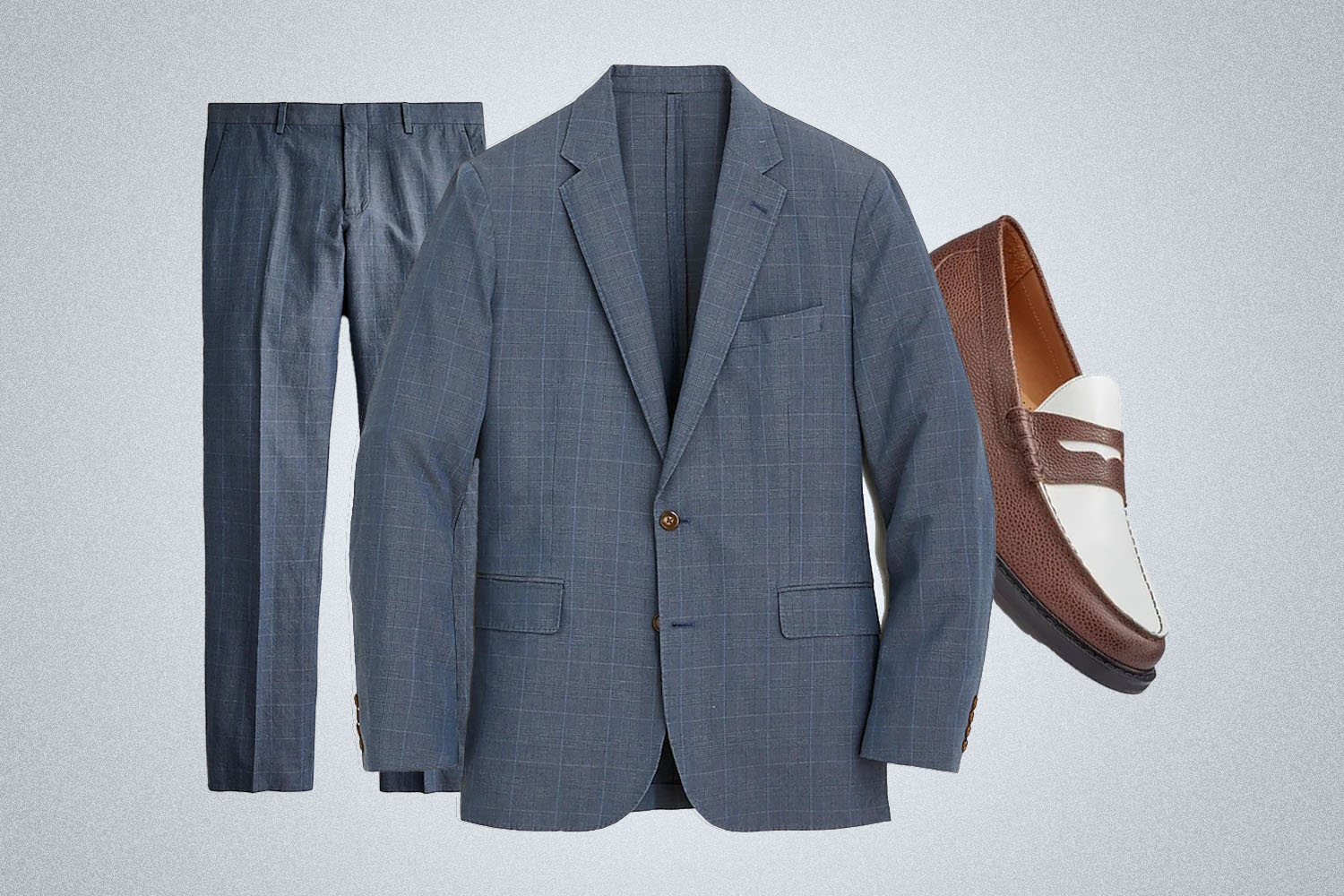 a collage of a J.Crew linen suit and G.H. Bass brown penny loafers on a grey background